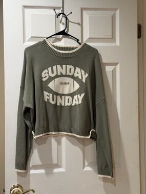 Z Supply Olive Green 'Sunday Funday' Crewneck Sweater with Cream Graphic